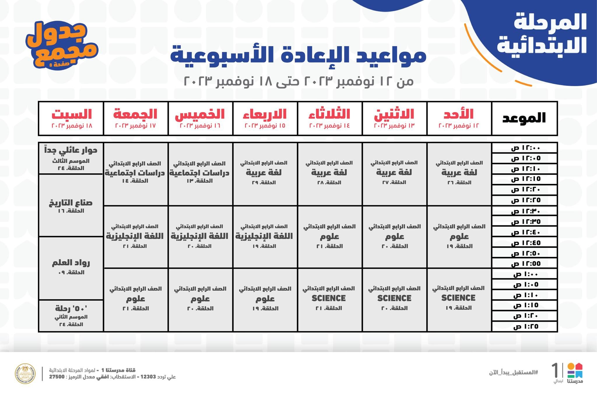 جدول حصص قناة مدرستنا التعليمية اليوم من 12 إلي 18 نوفمبر 2023 لابتدائي وإعدادي وداعا للدروس الخصوصية 5